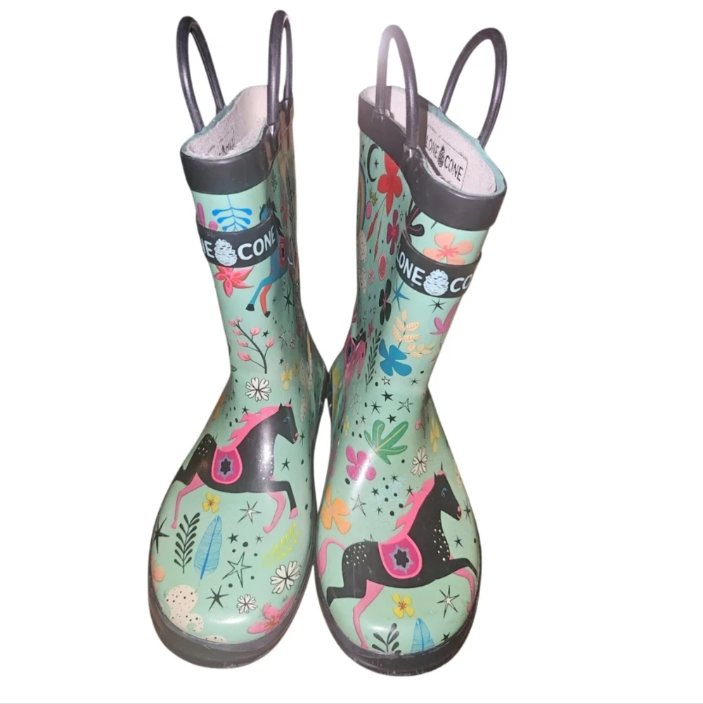Lone Cone Kids' Mint Floral Horse Rain Boots